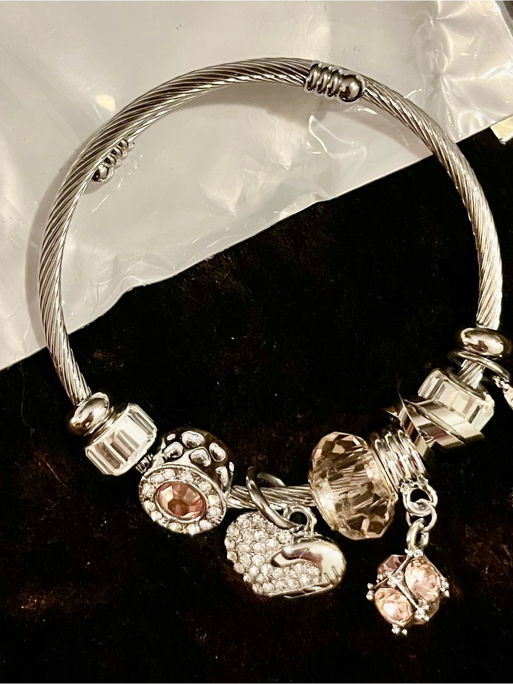 Silver Charm Bangle Bracelet with Blush Pink Crystal Accents